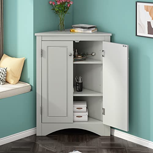 Corner Cabinet with Doors, Corner Bathroom Storage Cabinet with 2 Adjustable Shelves, Bathroom Floor Corner Cabinet for Kitchen, Bathroom, Living Room (White)
