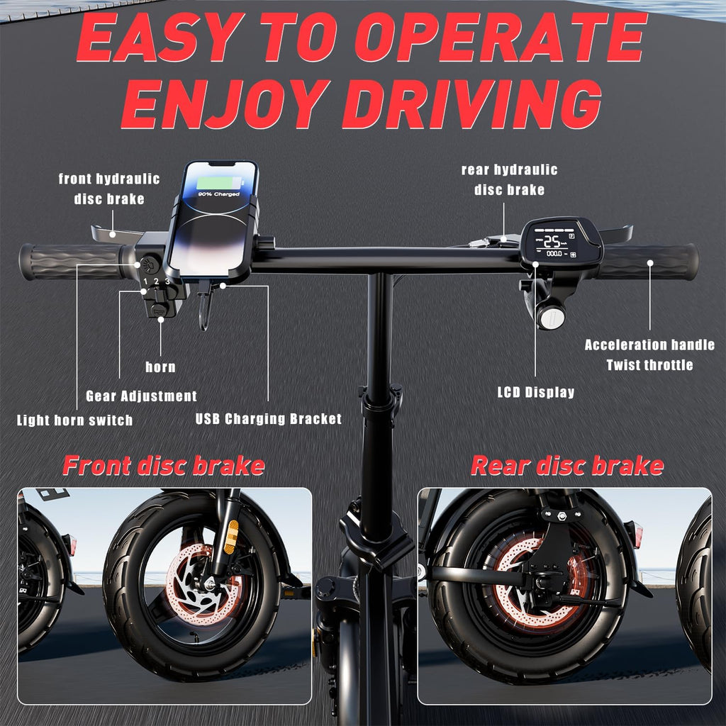 Electric Bike 14" Electric Bike for Adults, Folding Electric Commuting Bike with 1000W Brushless Motor, 48V 20Ah Removable Battery, 25MPH, Up to 40 Miles, Multiple Shock Absorption