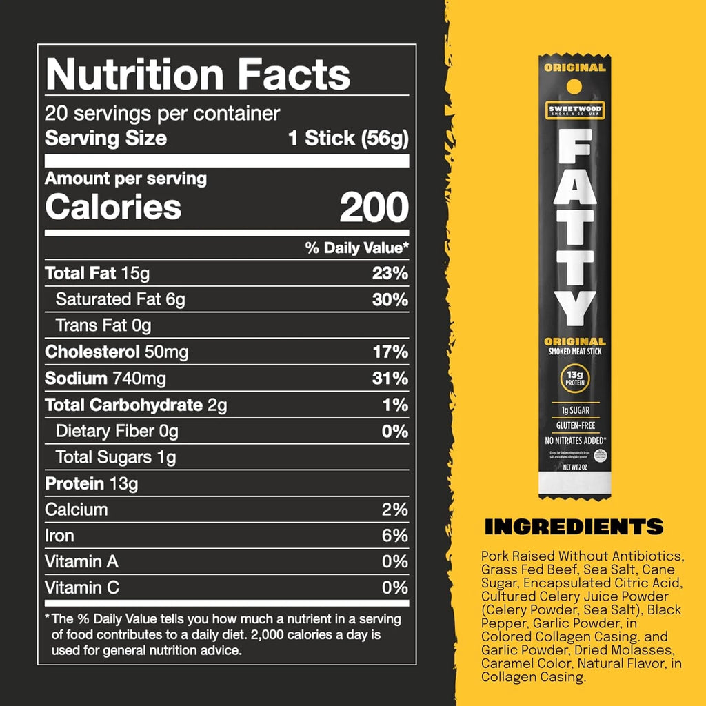 FATTY Meat Sticks, Grass-Fed Beef, High Protein Snack, Camping, Sports, Road Trip, Low Carb, Gluten Free, MSG Free, Nitrate Free, Original Flavor, 2 Ounce (Pack of 20)