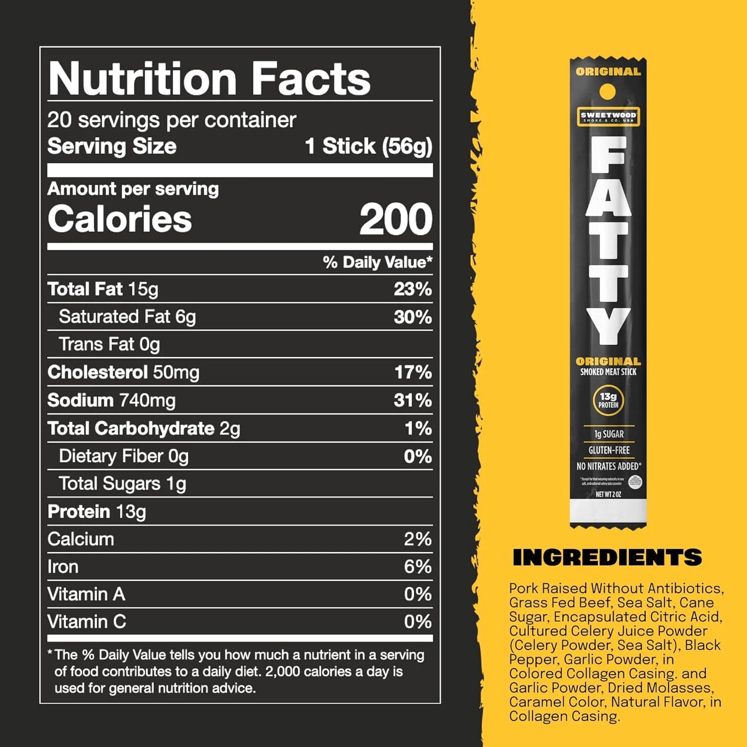 FATTY Meat Sticks, Grass-Fed Beef, High Protein Snack, Camping, Sports, Road Trip, Low Carb, Gluten Free, MSG Free, Nitrate Free, Original Flavor, 2 Ounce (Pack of 20)