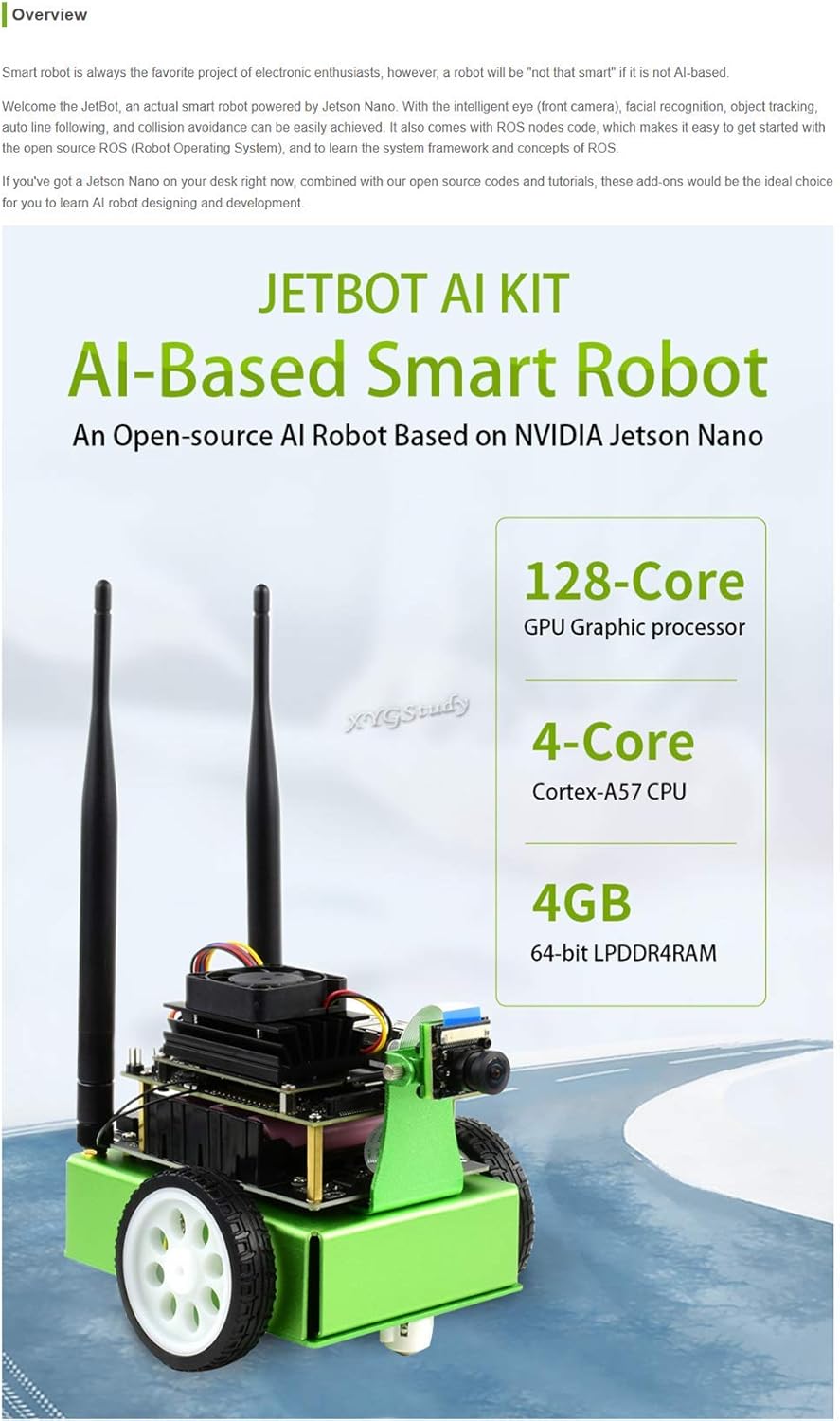 JetBot AI Kit Add-ons Accessories for Jetson Nano to Build Smart Robot JetBot with Front Camera Eye and ROS Nodes Code Dual Mode Wireless WiFi Bluetooth Facial Recognition Object Tracking @XYGStudy