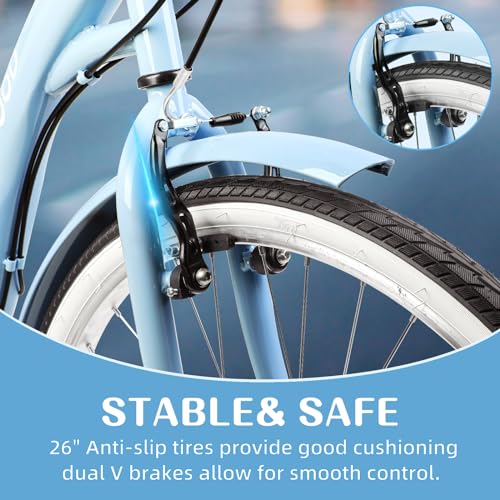 26 Inch Beach Cruiser Bike for Women, Hybrid Cruiser Bike with 7 Speed, Adjustable Seat, Lightweight Women Beach Cruiser Bike with Anti-Skid Tires, V-Brakes, Pink & Blue