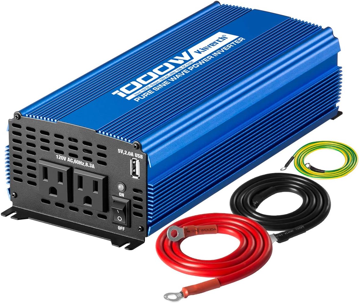 Kinverch 1500W Pure Sine Wave Power Inverter 12V DC to 110V AC Car Inverter with Bluetooth and 2AC Outlets &USB Port for Truck /RV /Home