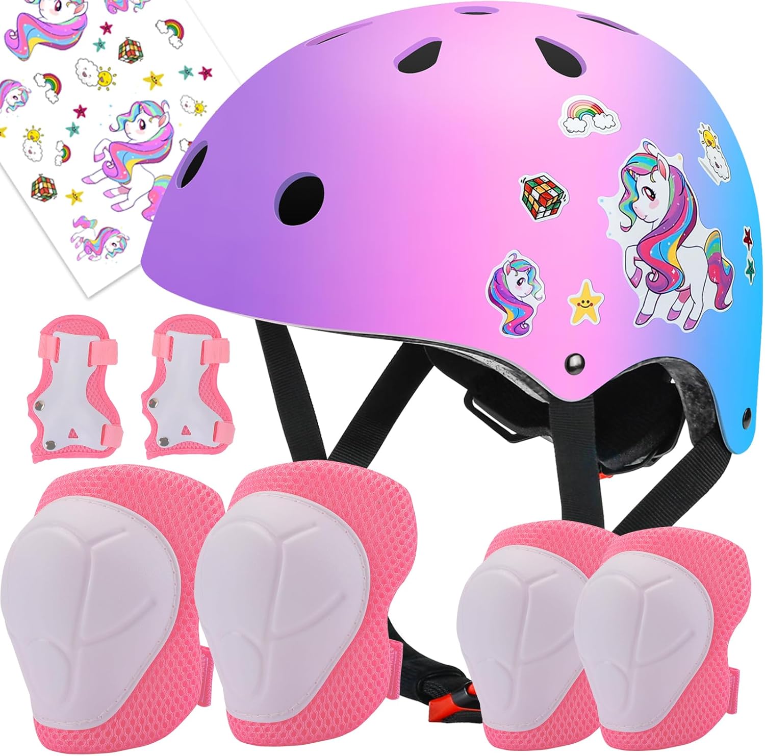 Color Gradient Adjustable Helmet Kids Protective Gear Set Knee Pads for Kids 3-8 Years Cycling Helmet with Knee Pads Elbow Pads Wrist Guards Youth Skateboard Helmet for Kids
