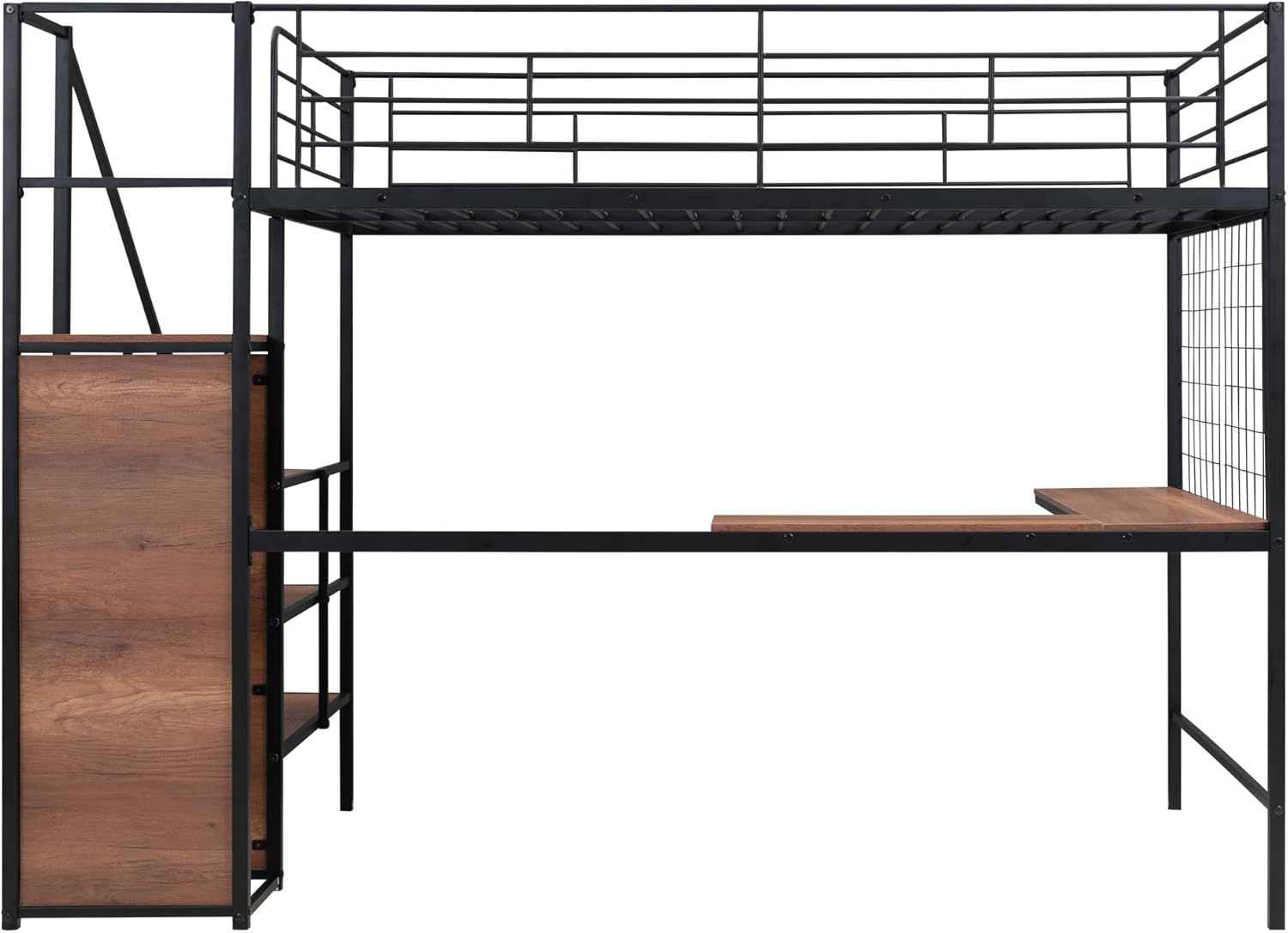 Harper & Bright Designs Metal Full Size Loft Bed with Desk and and Metal Grid, Loft Bed Full with Storage Stairs and Wardrobe,Space Saving Loft Bed with Desk Underneath for Kids Teens, Black