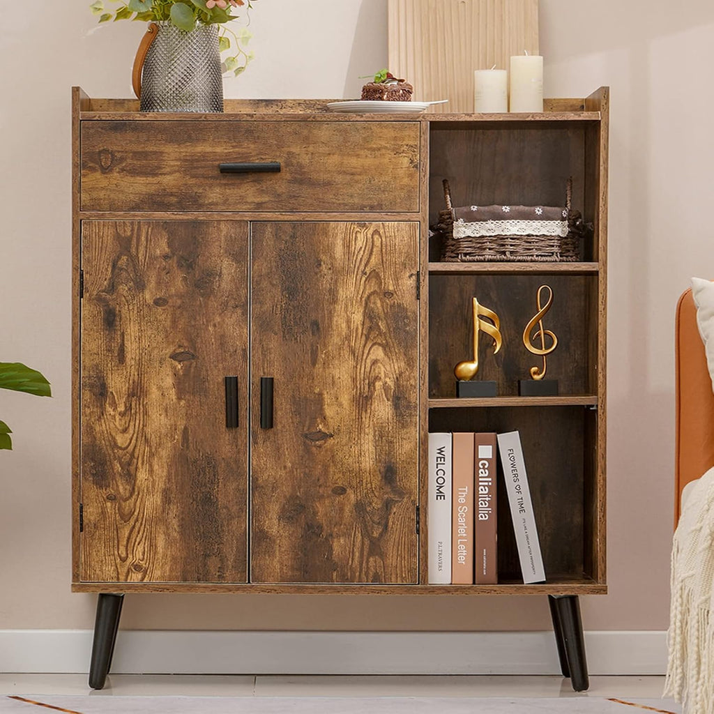 usikey Mid-Century Storage Cabinet with 1 Drawer 2 Doors 3 Shelves & Bookcase Storage Cabinet, Free Standing Cupboard with 4 Legs, Wine Cupboard with Door, for Bedroom Home Office, Rustic Brown