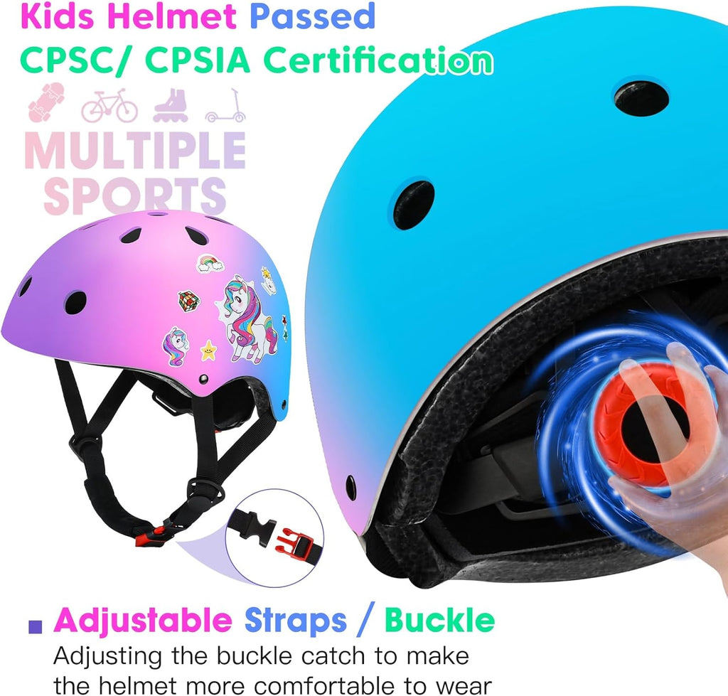 Color Gradient Adjustable Helmet Kids Protective Gear Set Knee Pads for Kids 3-8 Years Cycling Helmet with Knee Pads Elbow Pads Wrist Guards Youth Skateboard Helmet for Kids
