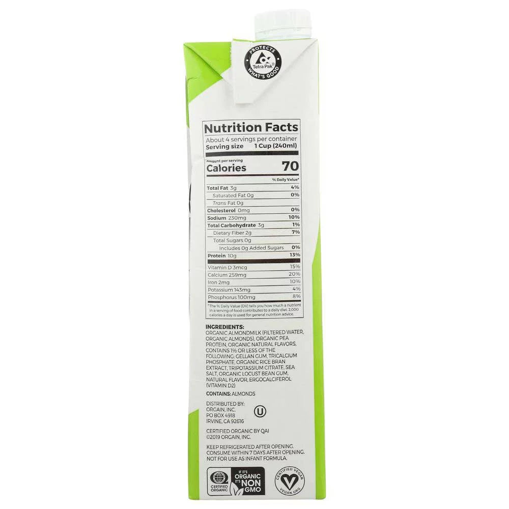 Orgain Organic Protein Unsweetened Vanilla Protein Almond Milk, 32 Fluid Ounce -- 6 per case.