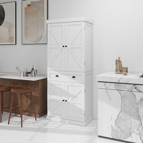 72" Kitchen Pantry Storage Cabinet Kitchen Cupboard with 4 Doors (2Doors with Racks),1 Drawer, 2 Adjustable Shelves Wood White Storage Cabinet for Dining Room Living Room Bathroom