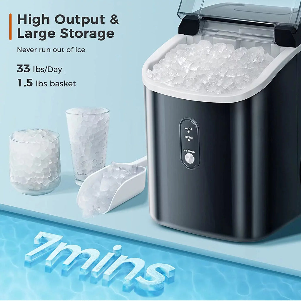 FOOING Nugget Ice Maker Countertop, Portable Ice Maker Machine with Self-Cleaning Function, 33lbs/24H Chewable Ice, Sonic Ice Maker (Black)