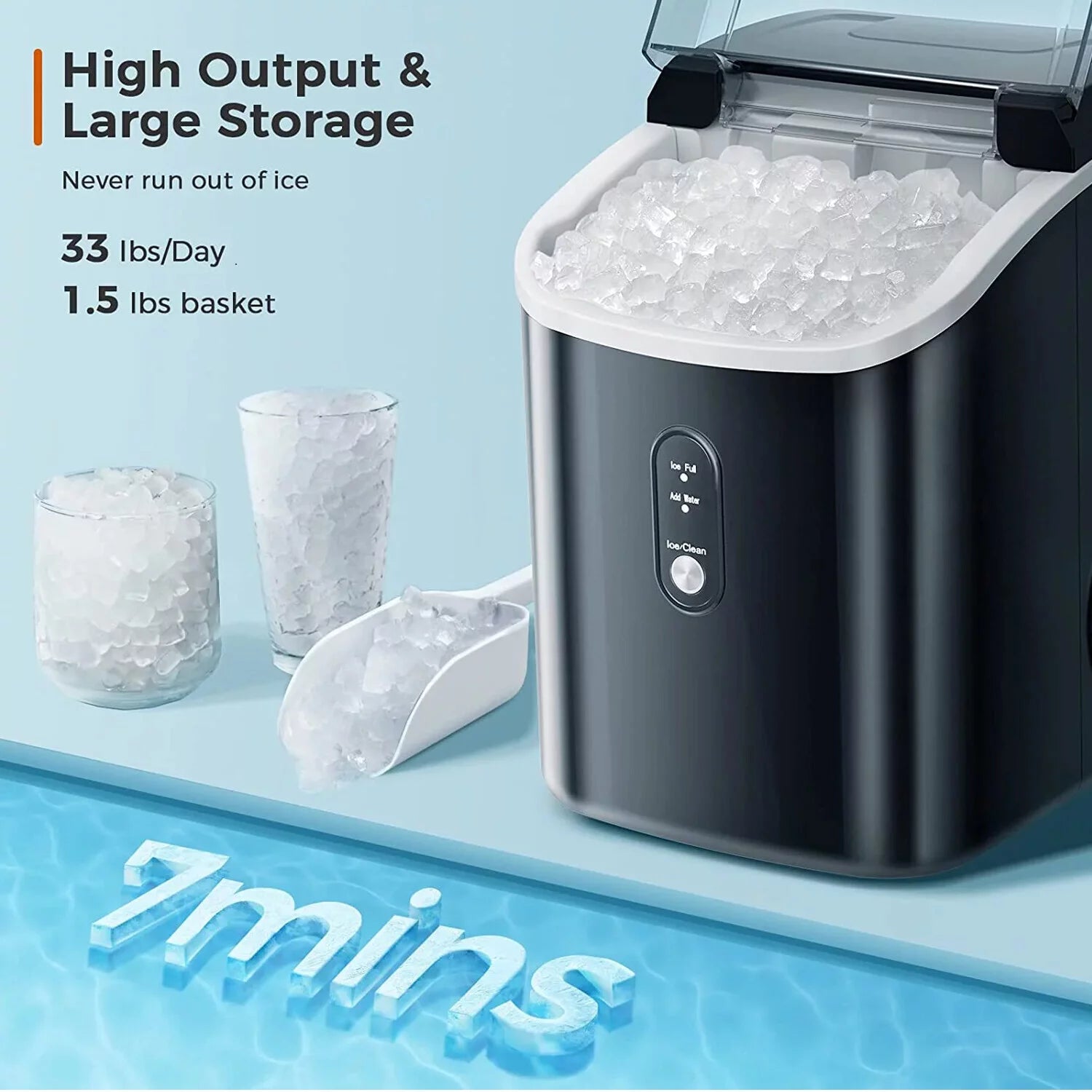 FOOING Nugget Ice Maker Countertop, Portable Ice Maker Machine with Self-Cleaning Function, 33lbs/24H Chewable Ice, Sonic Ice Maker (Black)