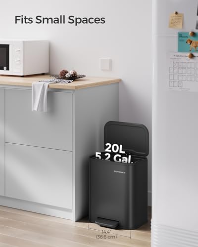 SONGMICS Kitchen Trash Can, 5.2-Gallon (20L) Garbage Can with Lid, Stainless Steel, Soft Close and Stays Open, Inner Bucket, Wide Non-Slip Pedal, Cloud White LTB542W20