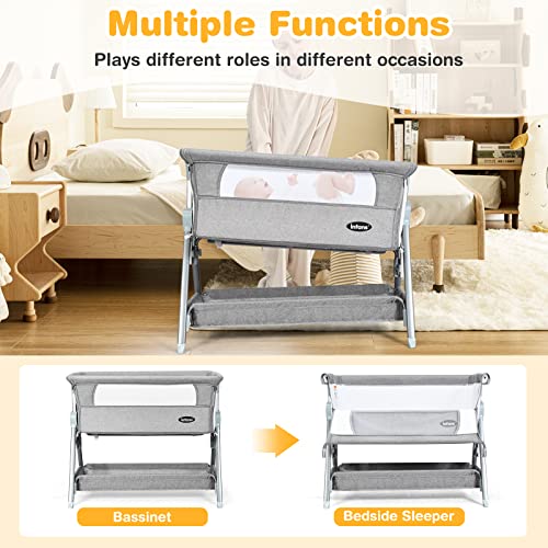 INFANS Baby Bassinet Bedside Crib, Newborn Sleeper w/Large Storage Basket, Adjustable Heights & Angle, Detachable &Washable Mattress, Breathable Mesh, Straps, Easy Moving Bed Side (Dark Grey)