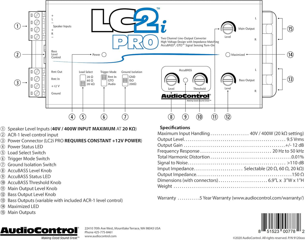 AudioControl LC2i PRO 2-Channel Line Output Converter with Impedance Matching, AccuBASS with 2-Channel Interconnect Cable