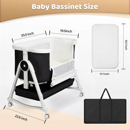 4 in 1 Baby Bassinet, Bassinet Bedside Sleeper with Wheels and Storage Basket, Adjustable 7 Heights Bedside Sleeper with Changing Station, Breathable Mesh Rocking Bassinet for Baby/Newborn