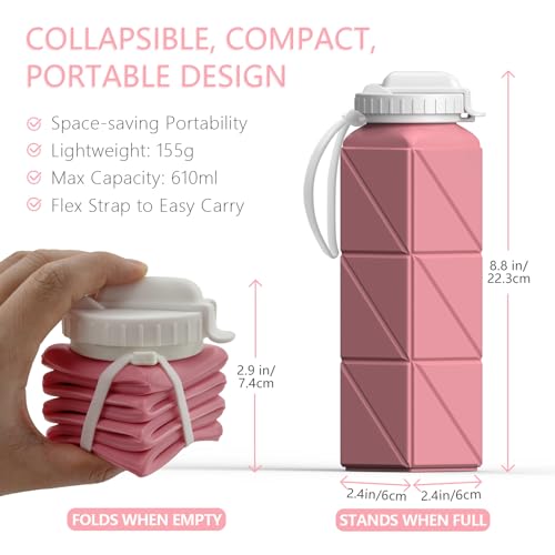 BEAUTAIL Collapsible Water Bottles, Silicone Foldable Portable Water Bottle 610ml, Lightweight Reusable Leakproof for Travel Camping Hiking Cycling Yoga Sports Outdoor
