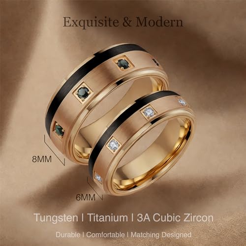 LerchPhi Matching 6mm & 8mm Tungsten Carbide Bands, His and Hers Wedding Ring Sets, Clear and Black CZ Stones Pave, Custom Engraveable