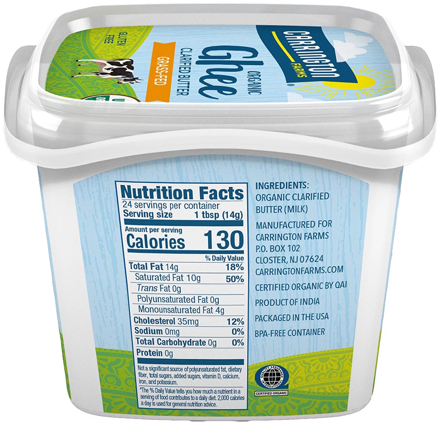 Carrington Farms Organic Ghee Clarified Butter Grass Fed 12 fl oz Pack of 4