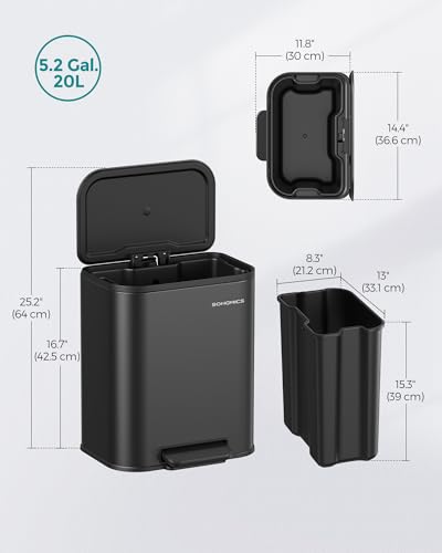 SONGMICS Kitchen Trash Can, 5.2-Gallon (20L) Garbage Can with Lid, Stainless Steel, Soft Close and Stays Open, Inner Bucket, Wide Non-Slip Pedal, Cloud White LTB542W20