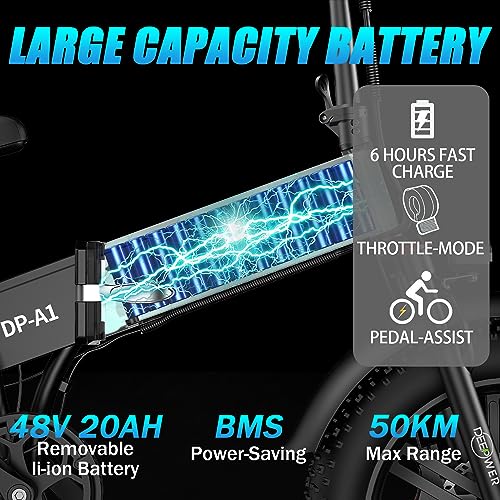 IDOTATA Electric Bicycle for Adults,1000W Motor, 48V 20AH Removable Battery, 31MPH, 31Miles Range, 7-Speed, 20" x4.0 Fat Tire Electric Folding ebike, Dual Shock Absorber Mountain Bike