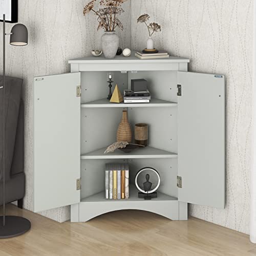 Corner Cabinet with Doors, Corner Bathroom Storage Cabinet with 2 Adjustable Shelves, Bathroom Floor Corner Cabinet for Kitchen, Bathroom, Living Room (White)