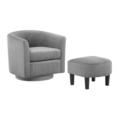 360 Degree Swivel Chair with Ottoman, Modern Upholstered Tufted Barrel Swivel Chair, Corduroy Fabric Accent Chair, Round Armchair Sofa for Living Room Bedroom