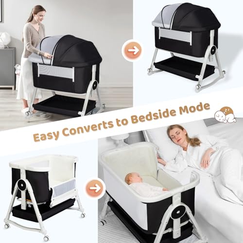 4 in 1 Baby Bassinet, Bassinet Bedside Sleeper with Wheels and Storage Basket, Adjustable 7 Heights Bedside Sleeper with Changing Station, Breathable Mesh Rocking Bassinet for Baby/Newborn