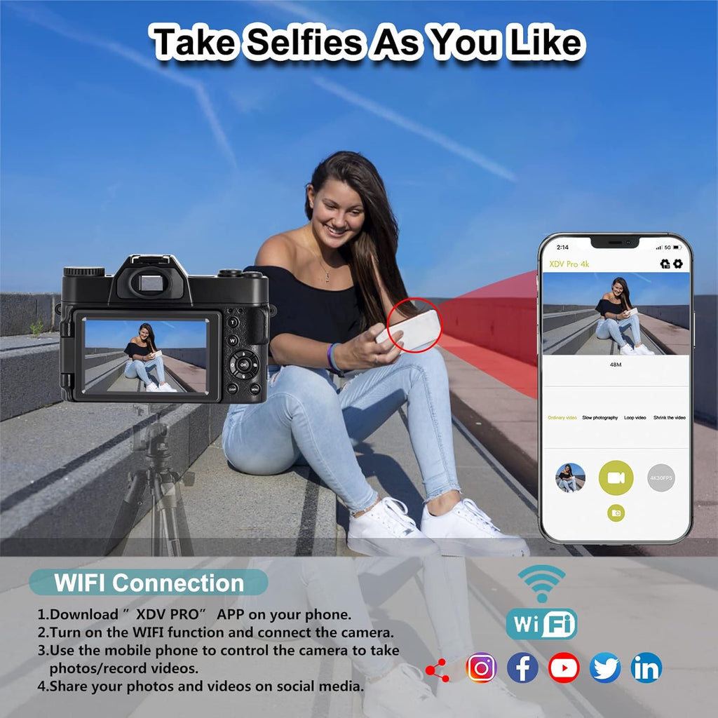 Vlogging Camera, 48MP Digital Camera 4K Video Camera for YouTube with WiFi, 3.0 Inch Flip Screen Camcorder, 16X Digital Zoom Blogging Camera with 32GB Micro Card
