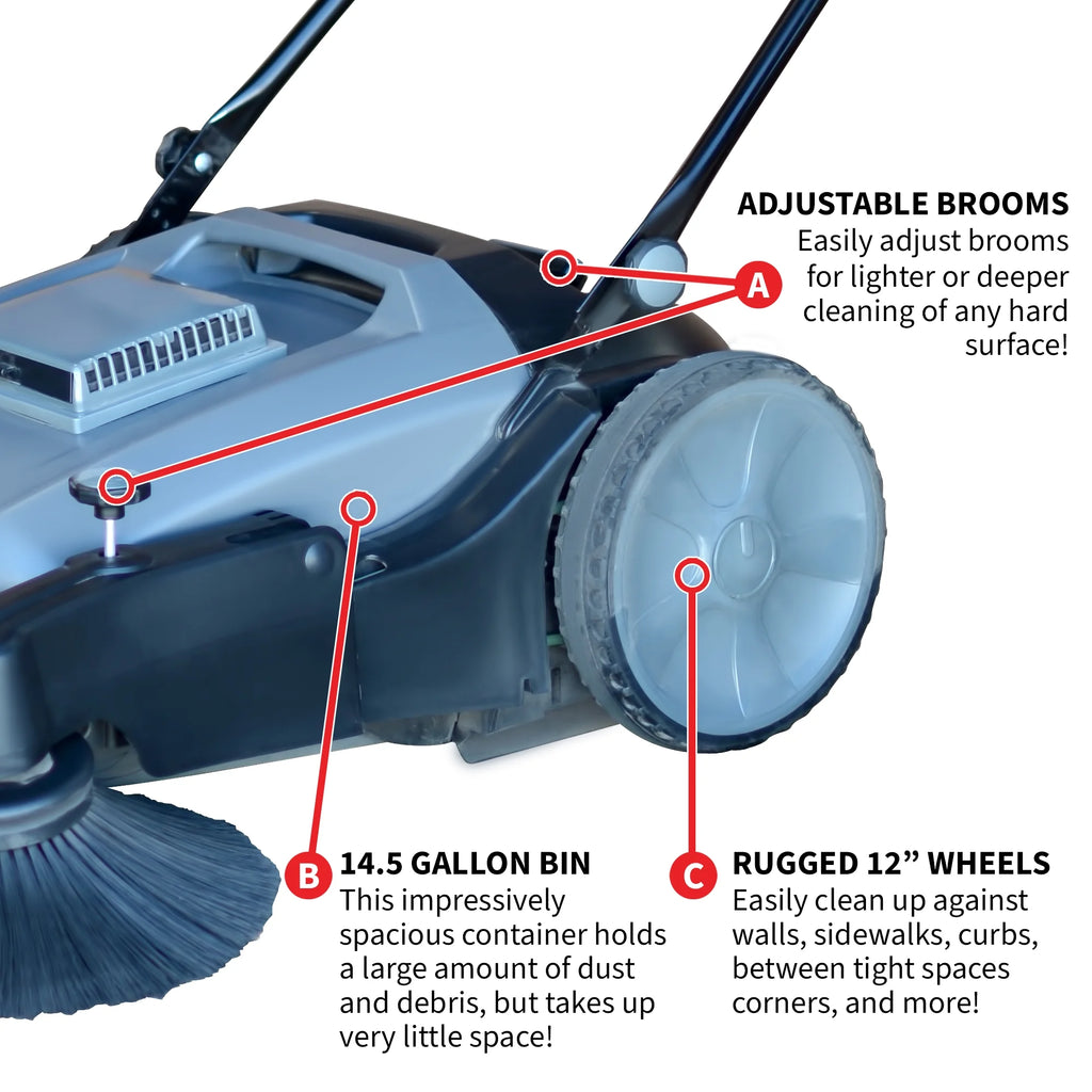 Tomahawk Power TOS38 38" Walk Behind Push Sweeper w/ Triple Power Side Brooms