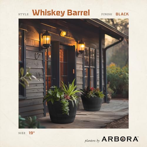 19" Whiskey Barrel Polyresin Indoor and Outdoor Planter with Textured Wood Finish - Durable, Weatherproof, Lightweight, Large Plant Pot for Patio, Garden, Deck, Entryway