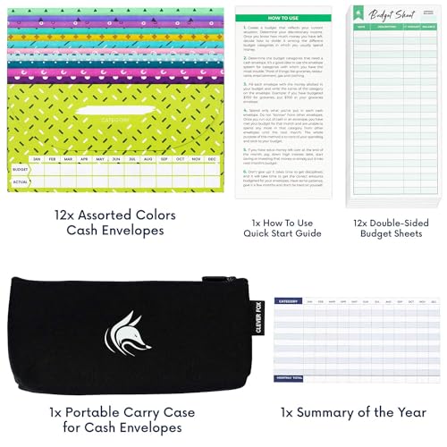 Clever Fox Cash Envelopes for Budgeting System – Budget Envelopes for Cash Budgeting and Saving, Tear and Water Resistant, Includes Carry Pouch & 12 Expense Tracking Budget Sheets, 12 Pack - Chic