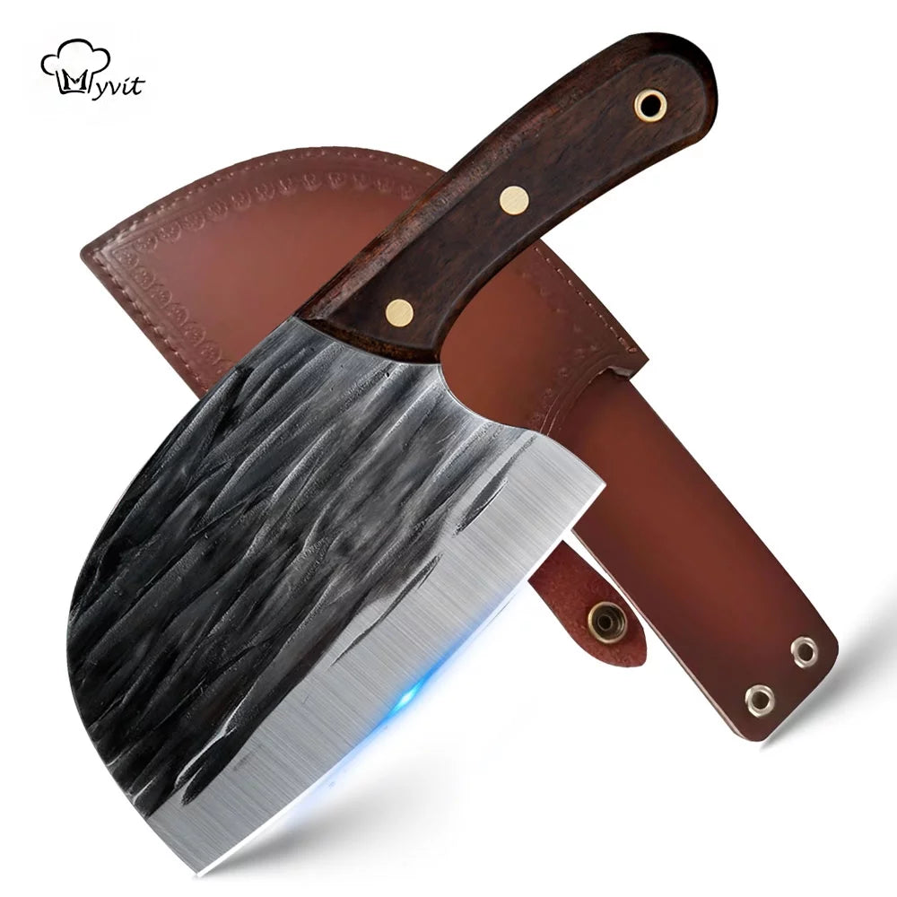 Meat Cleaver Knife 6" Handmade Forged Kitchen Butcher Knife Serbian Chef Knife Full Tang with Sheath High Carbon Steel Knives for Camping BBQ Cutting