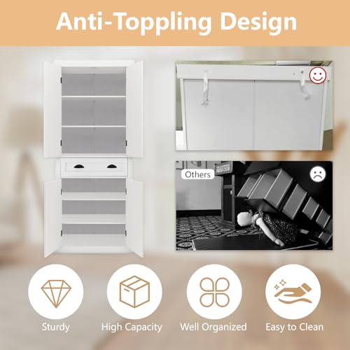 72" Kitchen Pantry Storage Cabinet Kitchen Cupboard with 4 Doors (2Doors with Racks),1 Drawer, 2 Adjustable Shelves Wood White Storage Cabinet for Dining Room Living Room Bathroom