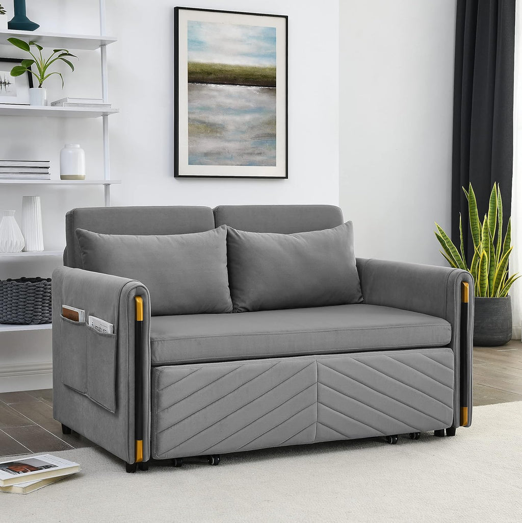 54" Velvet Loveseat, Modern Convertible Sofa Detachable Arm Pockets, Comfortable Couch with Pull Out Bed and 2 Pillows for Living Room Apartment Office, Gray