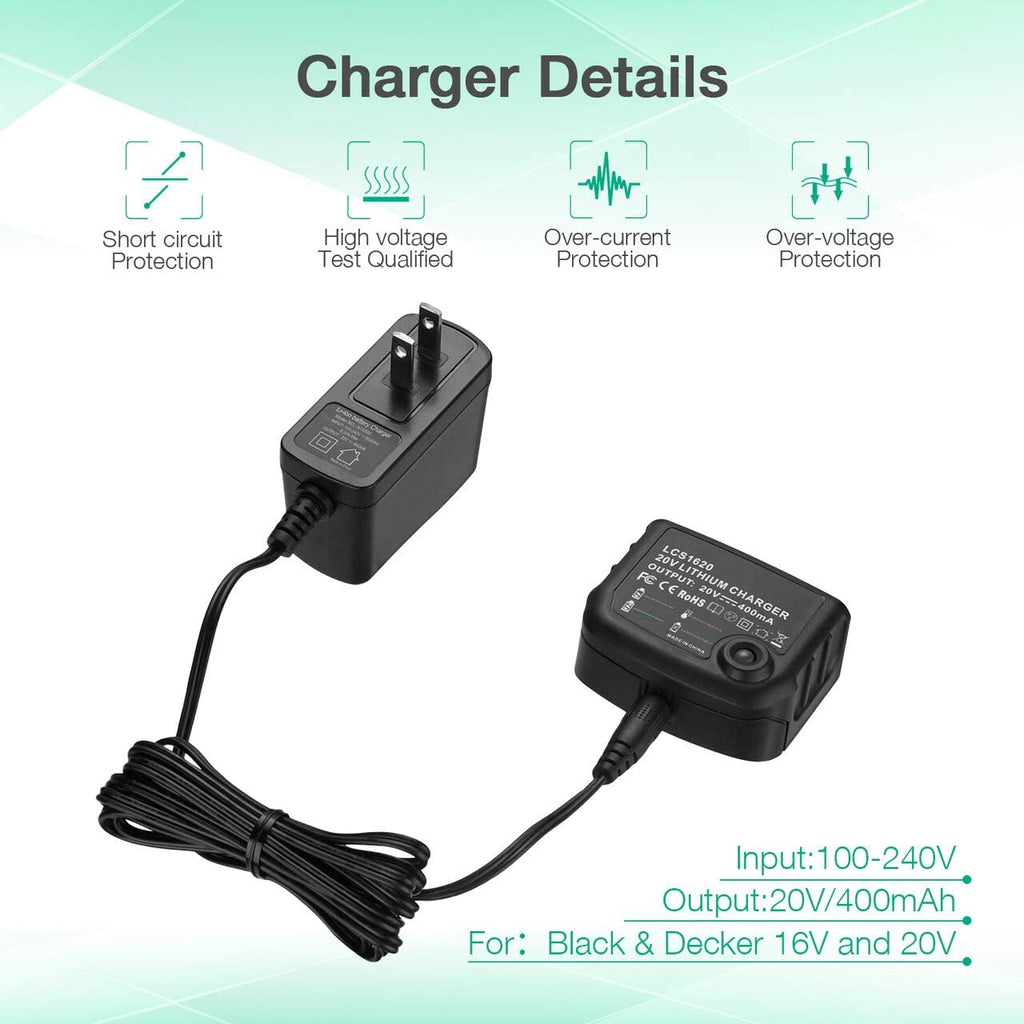 FirstPower 3.0Ah LBXR20 Battery 2Packs - Compatible with Black & Decker 20V Max Li-ion Cordless Tool + LCS1620 20V Charger for Black & Decker 20V Lithium Battery Pack of 2