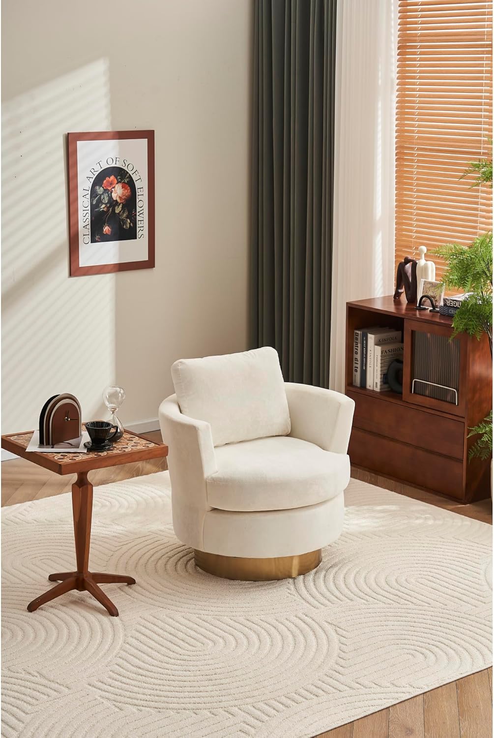 Velvet Swivel Barrel Chair, Swivel Accent Chairs Armchair for Living Room, Reading Chairs for Bedroom Comfy, Round Barrel Chairs with Gold Stainless Steel Base (Beige)
