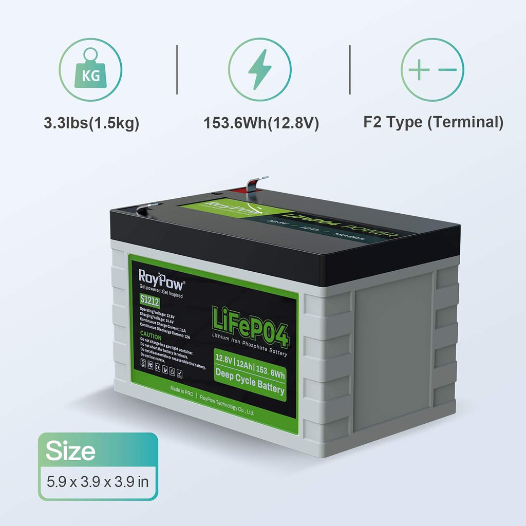 12V 12Ah Deep Cycle LiFePO4 Battery, RoyPow 12 volt Rechargeable Lithium Iron Phosphate Battery with low-temperature cut-off, 3500~8000 Cycles for Kid Scooters, Solar System, Fish Finder, RV Pack of 2