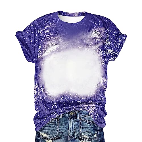 T Shirts for Women Plus Size Bleached Blank Print Tops Summer Fashion Loose Comfy Blouse Round Neck Tees T-Shirt
