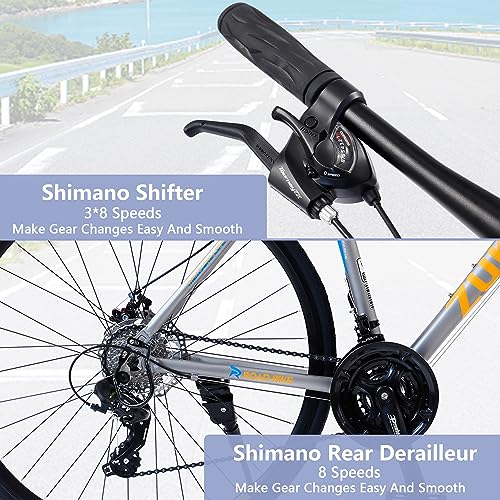 700C Wheel Road Commuter Bike, 700C Road Bike,24 Speed Hybrid Road Bicycle with Light Aluminum Alloy Frame for Adult Men and Women，Heavy Duty Racing Bike Up to 330LBS,4 Colors