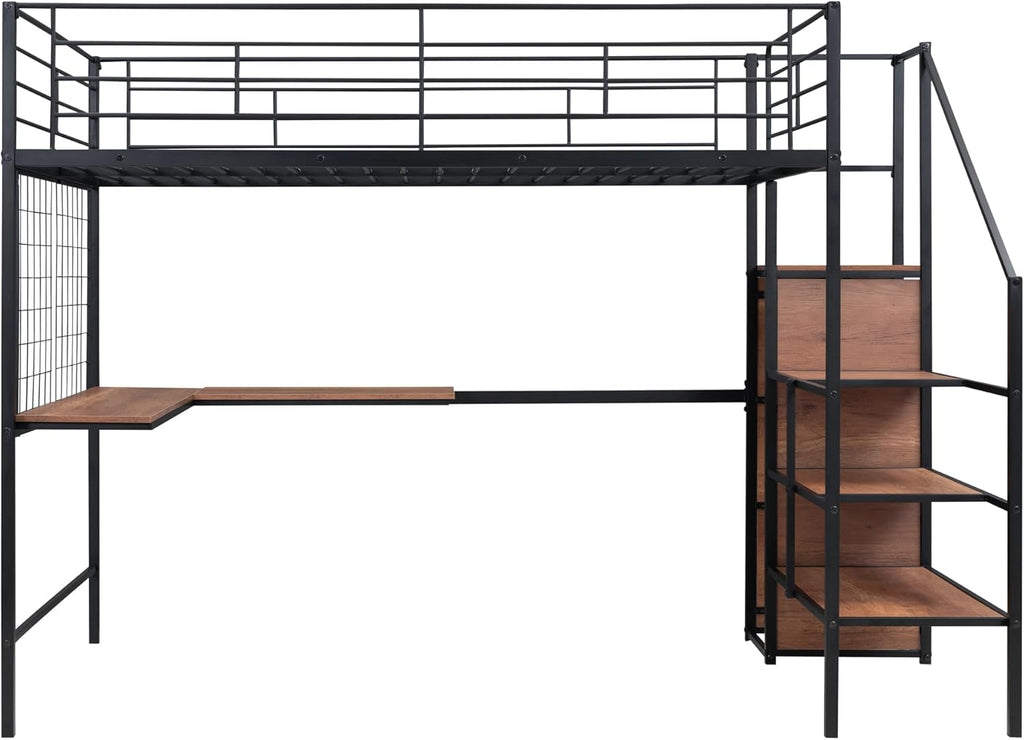 Harper & Bright Designs Metal Full Size Loft Bed with Desk and and Metal Grid, Loft Bed Full with Storage Stairs and Wardrobe,Space Saving Loft Bed with Desk Underneath for Kids Teens, Black