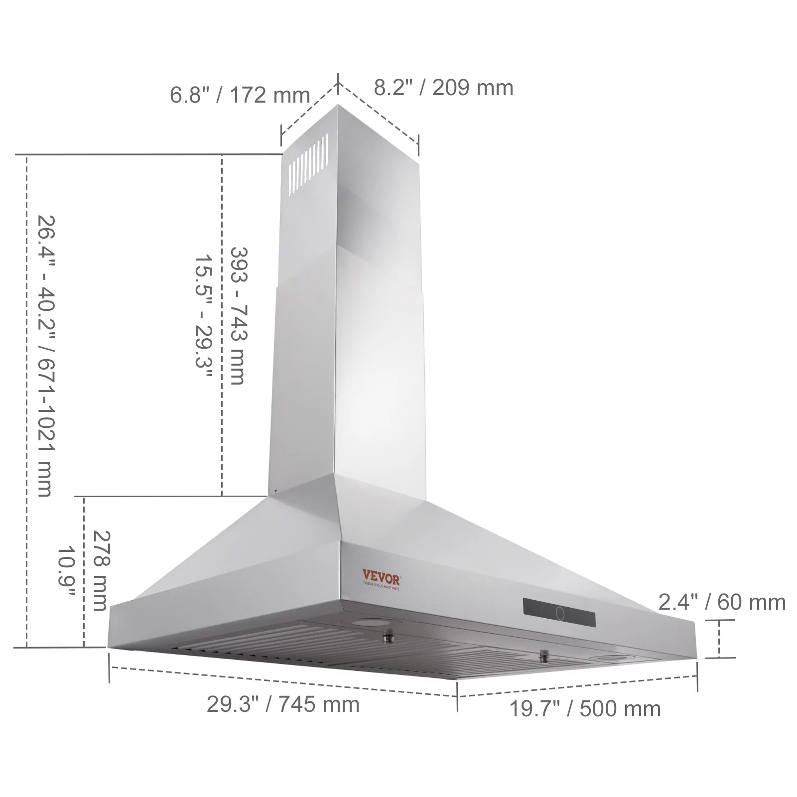 BENTISM 30" 350cfm 3 Speed Wall Mount Range Hood Ductless Kitchen Vent Stainless Steel 6" Round Vent