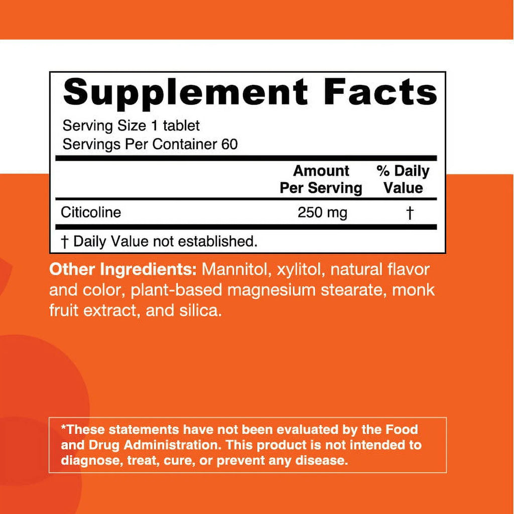 EZ Melts Citicoline Supports Optimal Brain Function, 250 mg 60 Tablets, Strawberry Flavored, Vegan Dietary Supplements, Dissolvable and Fast Melting