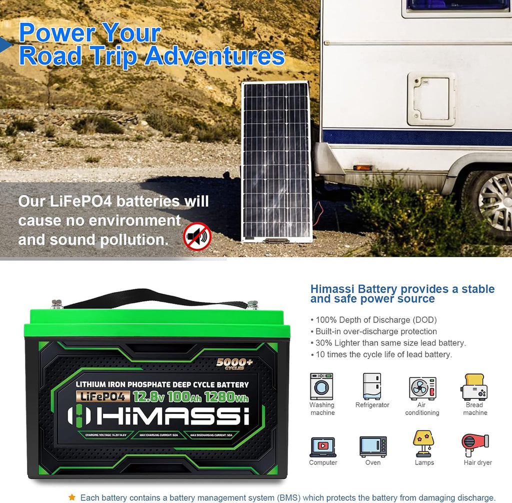 12V 100Ah LiFePO4 Battery 50A BMS Lithium Iron Phosphate Deep Cycle Battery Pack for Trolling Motor, Solar Energy Storage, RV, Camper, Marine, Home Backup, Off-Grid System, Lead Acid Replacement