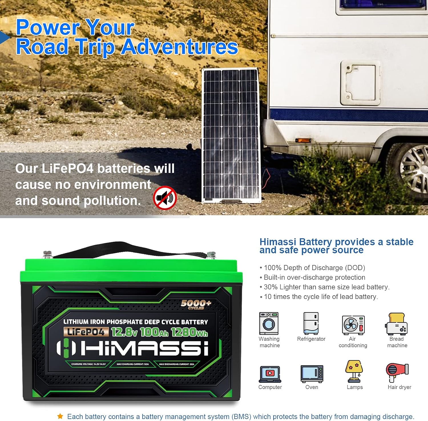 12V 100Ah LiFePO4 Battery 50A BMS Lithium Iron Phosphate Deep Cycle Battery Pack for Trolling Motor, Solar Energy Storage, RV, Camper, Marine, Home Backup, Off-Grid System, Lead Acid Replacement