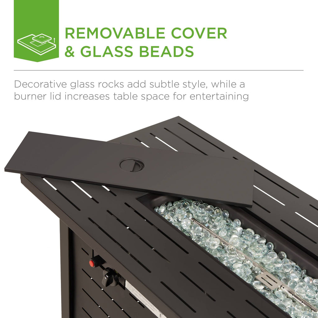 Best Choice Products 42in Fire Pit Table 50,000 BTU Rectangular Steel Propane GAS w/ COVER, Glass Beads - Dark Brown
