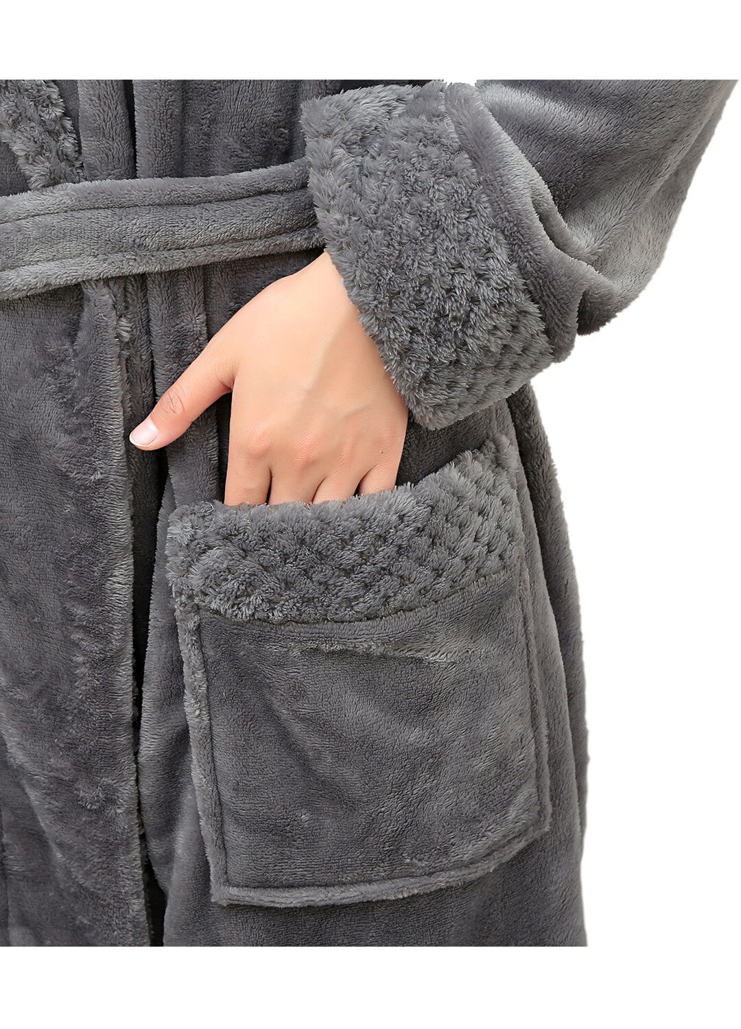 Robes for Women, LOFIR Long Womens Robes, Soft Fluffy Fleece Bath Robe with Front Pocket, Winter Warm Plush Lapel Women's Robes, Adjustable Belt, Grey, L/XL