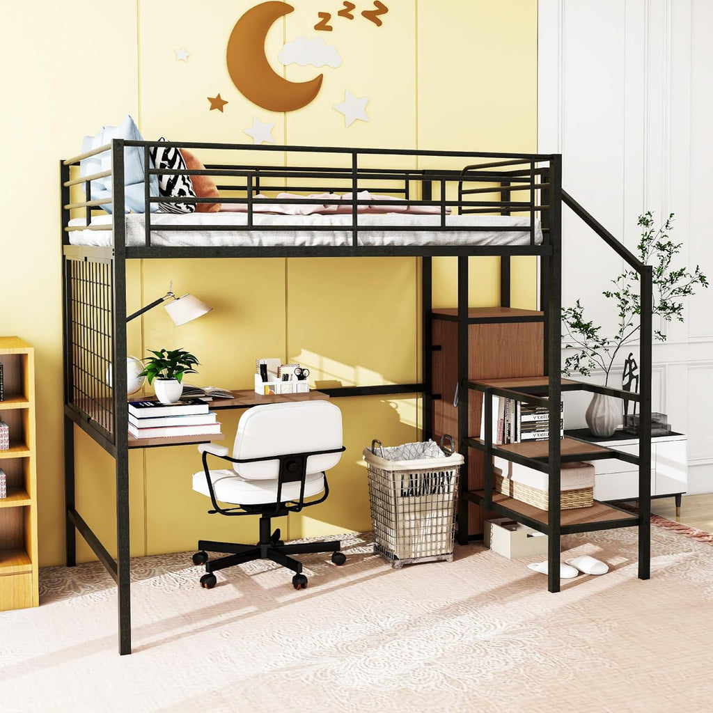 Harper & Bright Designs Metal Full Size Loft Bed with Desk and and Metal Grid, Loft Bed Full with Storage Stairs and Wardrobe,Space Saving Loft Bed with Desk Underneath for Kids Teens, Black