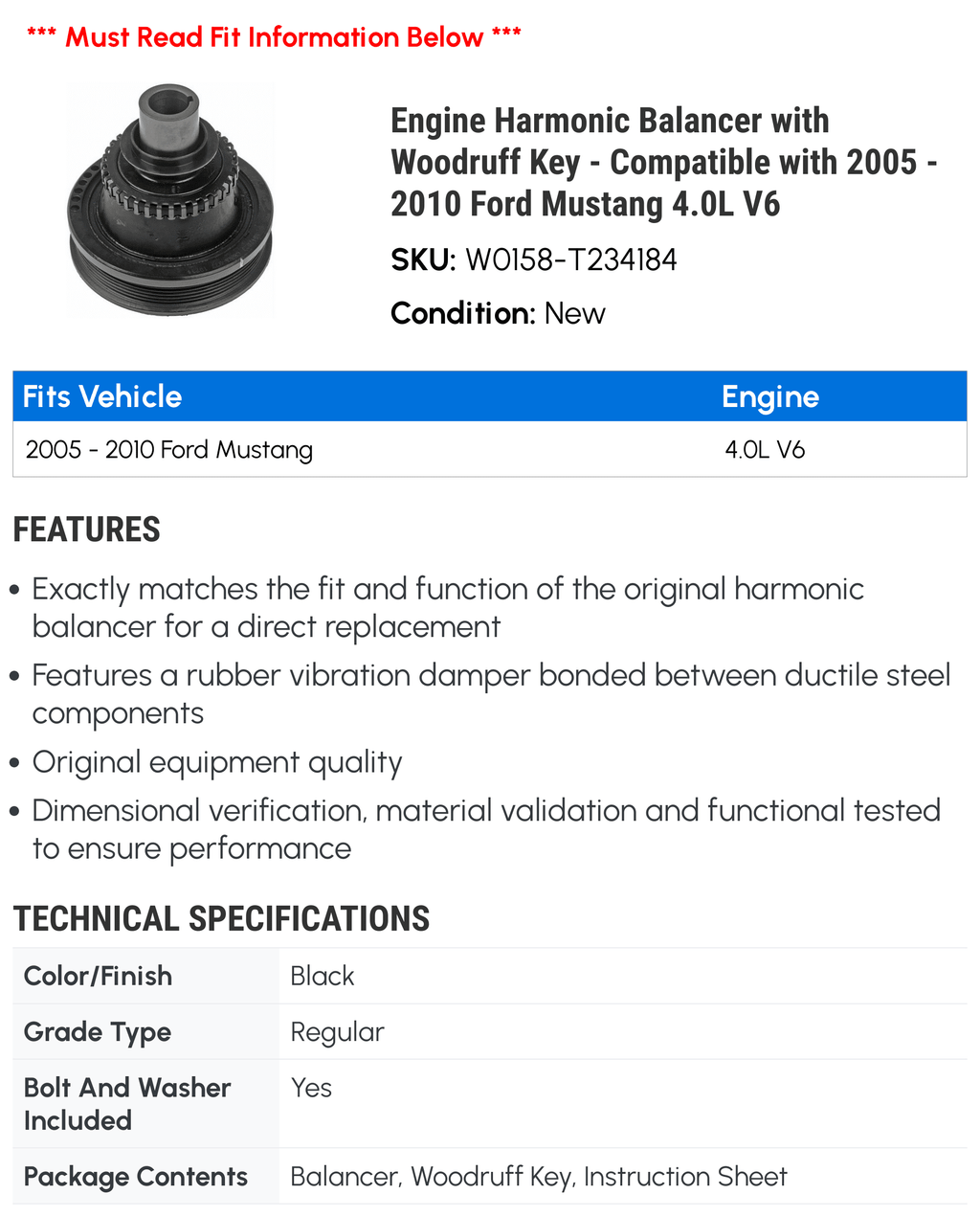 Engine Harmonic Balancer with Woodruff Key - Compatible with 2005 - 2010 Ford Mustang 4.0L V6 2006 2007 2008 2009