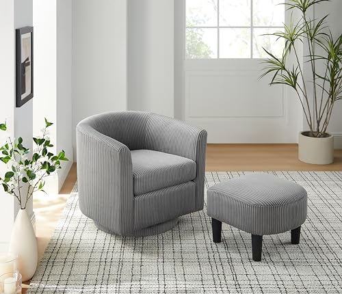 360 Degree Swivel Chair with Ottoman, Modern Upholstered Tufted Barrel Swivel Chair, Corduroy Fabric Accent Chair, Round Armchair Sofa for Living Room Bedroom
