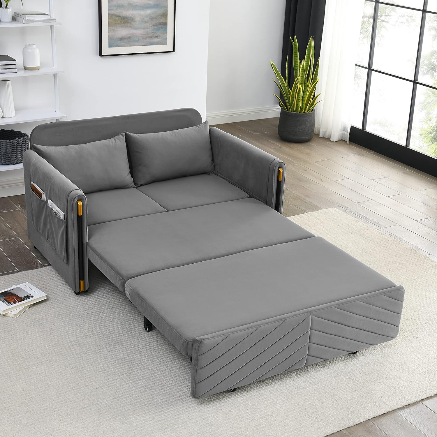 54" Velvet Loveseat, Modern Convertible Sofa Detachable Arm Pockets, Comfortable Couch with Pull Out Bed and 2 Pillows for Living Room Apartment Office, Gray